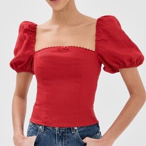 Reformation Marella Linen Red Puff Sleeve Top